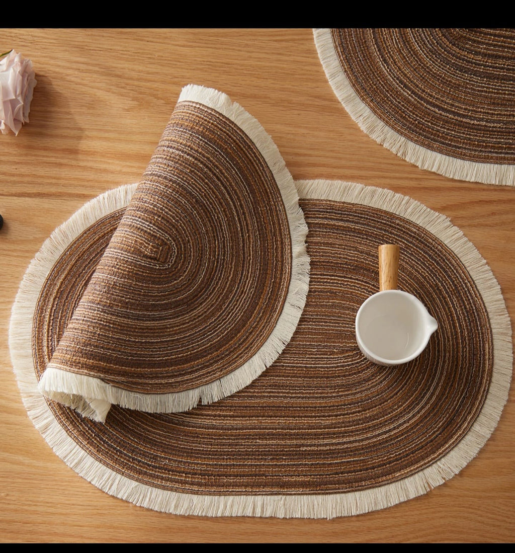 Oval Boho Braided Placemats with Fringe – Set of 6