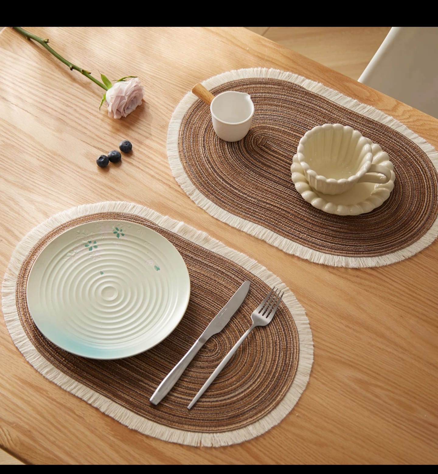 Oval Boho Braided Placemats with Fringe – Set of 6