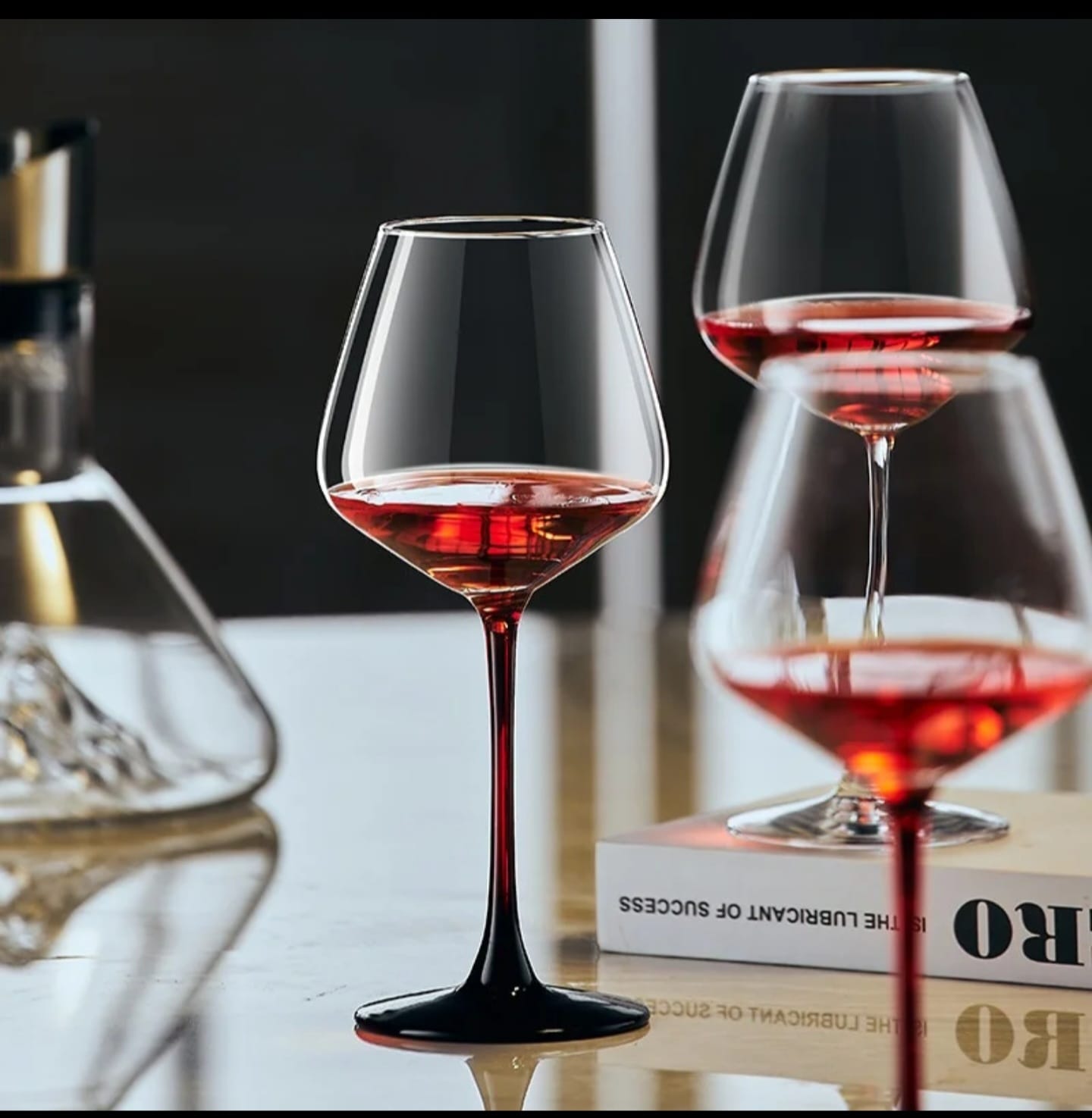 Elegant Burgundy Crystal Wine Glasses – Red Stem & Black Base, Set of 6