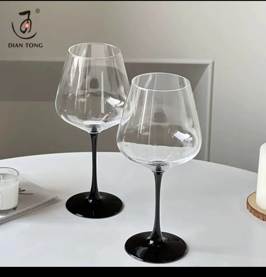 Elegant Burgundy Crystal Wine Glasses – Red Stem & Black Base, Set of 6