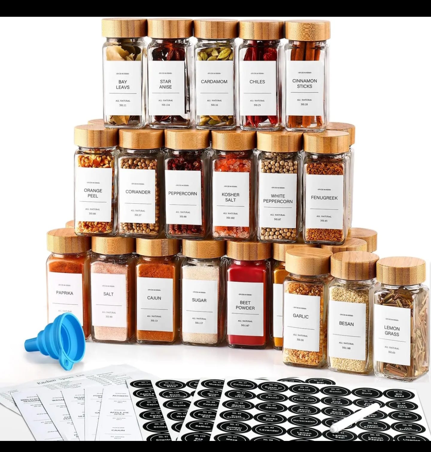 12pcs Glass Spice Jars Set with Bamboo Lids, Labels & Accessories