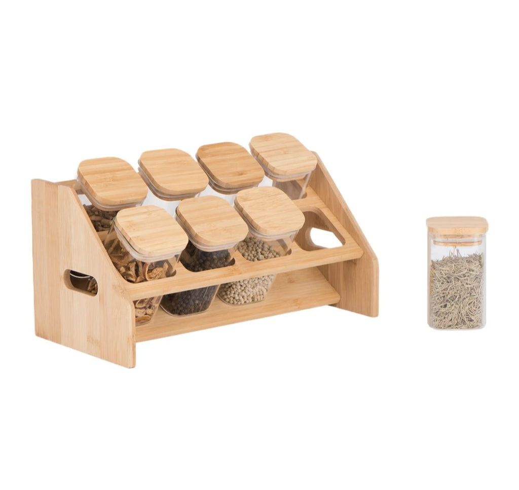 8pcs Classic Squared Borosilicate Glass Spice Jar Set with Bamboo Lid & Rack
