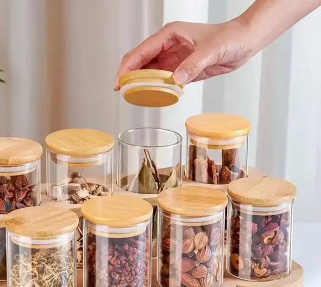 8pcs Classic Borosilicate Glass Spice Jar Set with Bamboo Lid & Rack