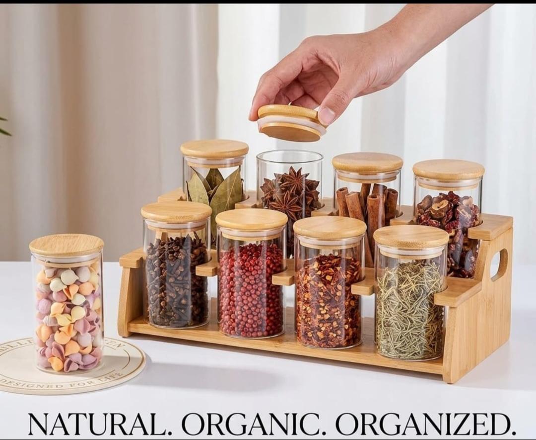 8pcs Classic Borosilicate Glass Spice Jar Set with Bamboo Lid & Rack