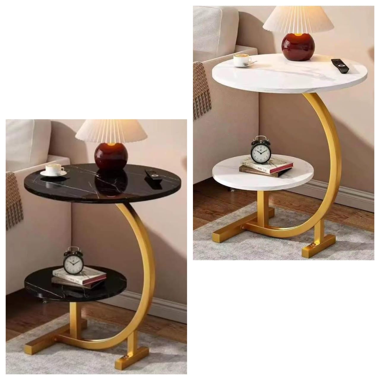 2-Tier Round Marble Side Table with Gold C-Frame – Luxury Living Room End Table