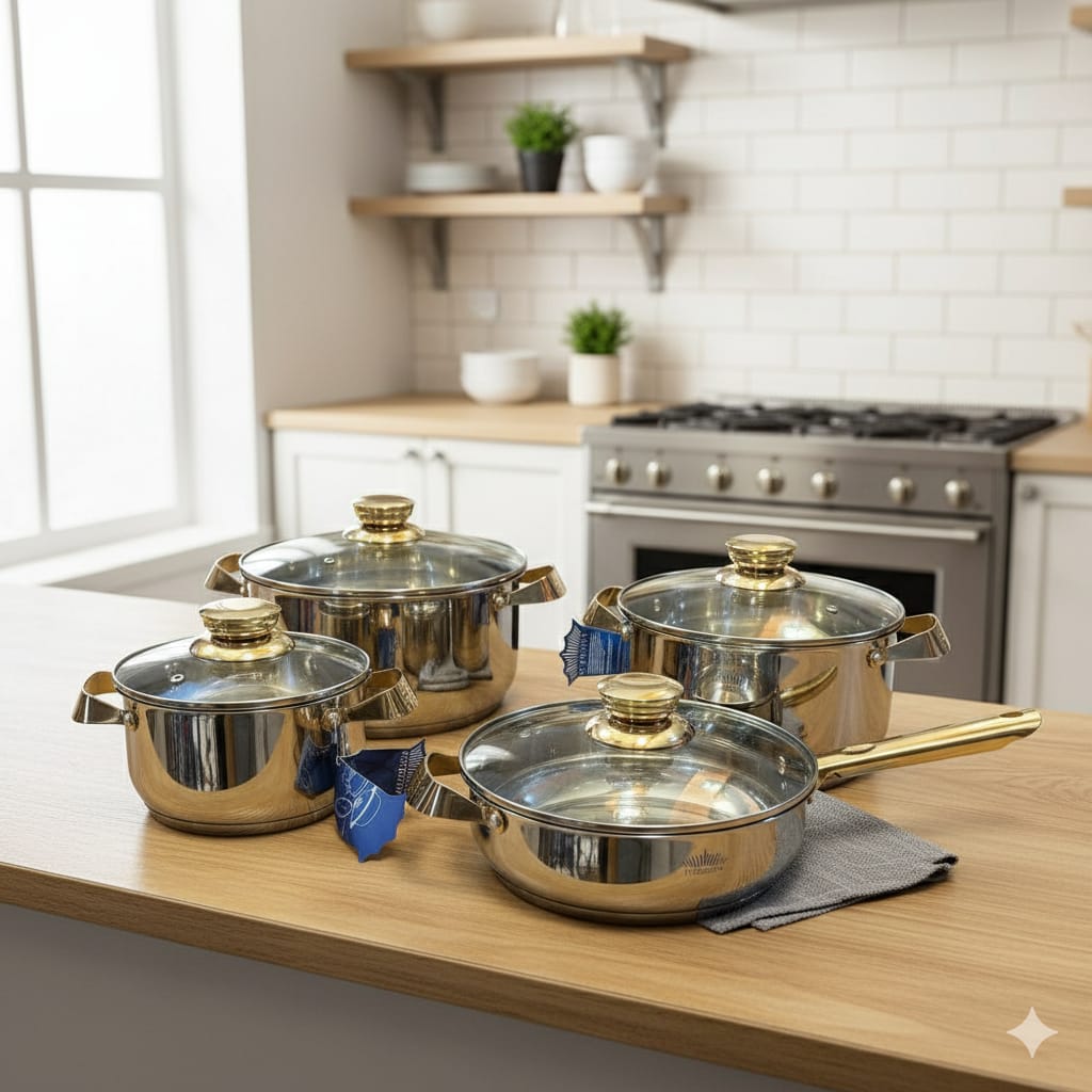 Peterhof 8-Piece Stainless Steel Cookware Set with Gold Handles (PH-15148)