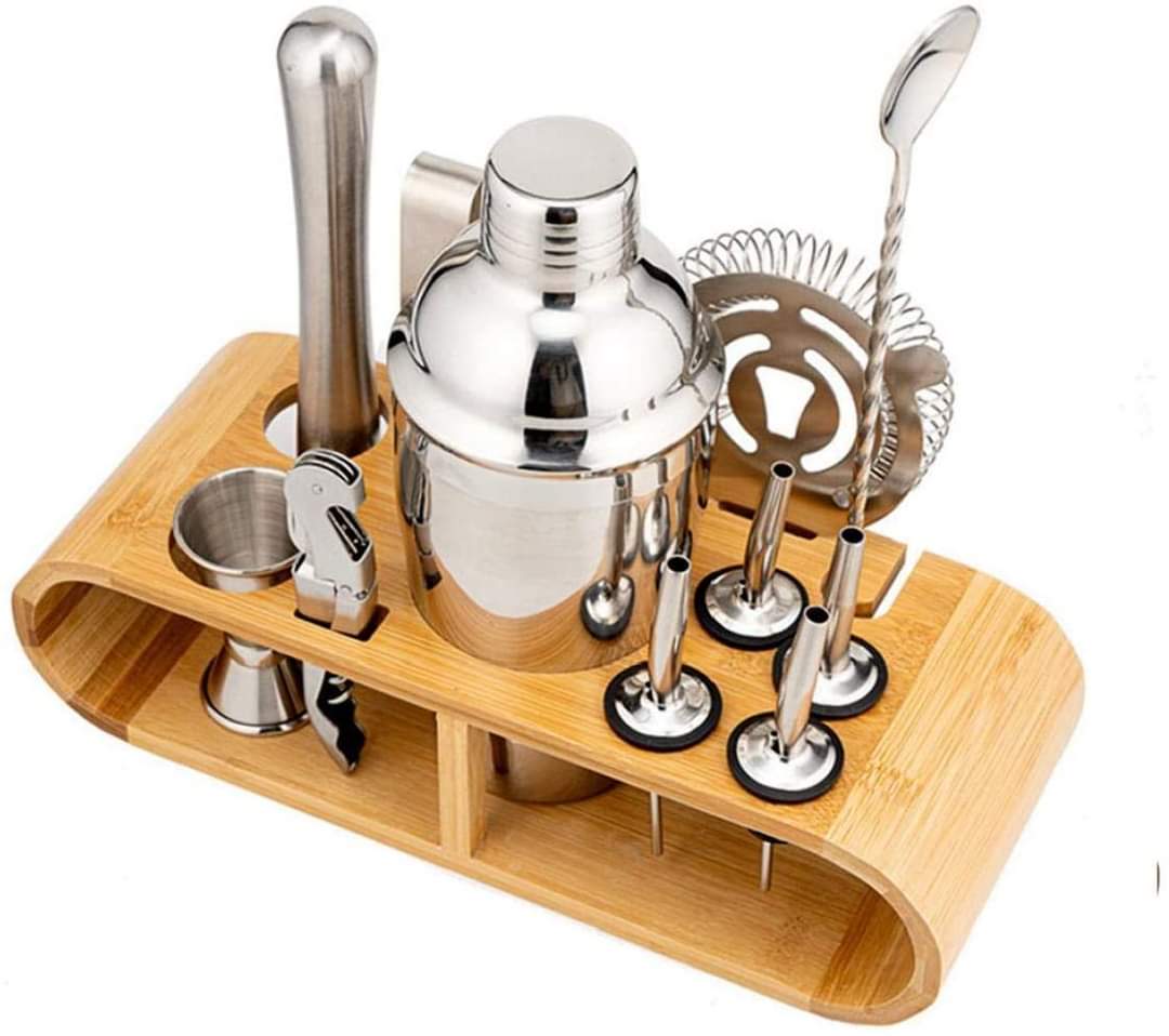 10-Piece Cocktail Shaker Set with Bamboo Frame | Stainless Steel Bartending Kit