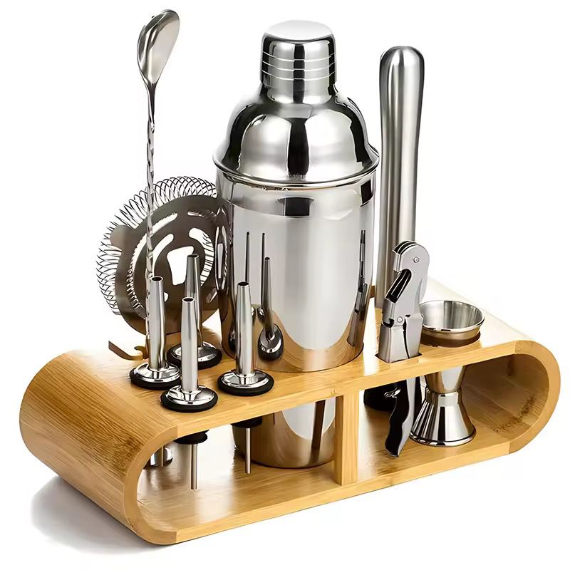 10-Piece Cocktail Shaker Set with Bamboo Frame | Stainless Steel Bartending Kit