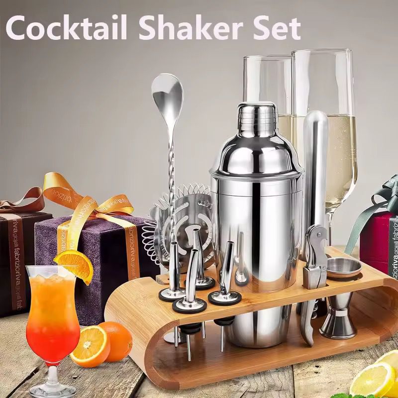 10-Piece Cocktail Shaker Set with Bamboo Frame | Stainless Steel Bartending Kit