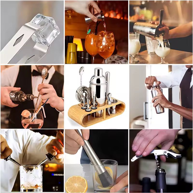 10-Piece Cocktail Shaker Set with Bamboo Frame | Stainless Steel Bartending Kit