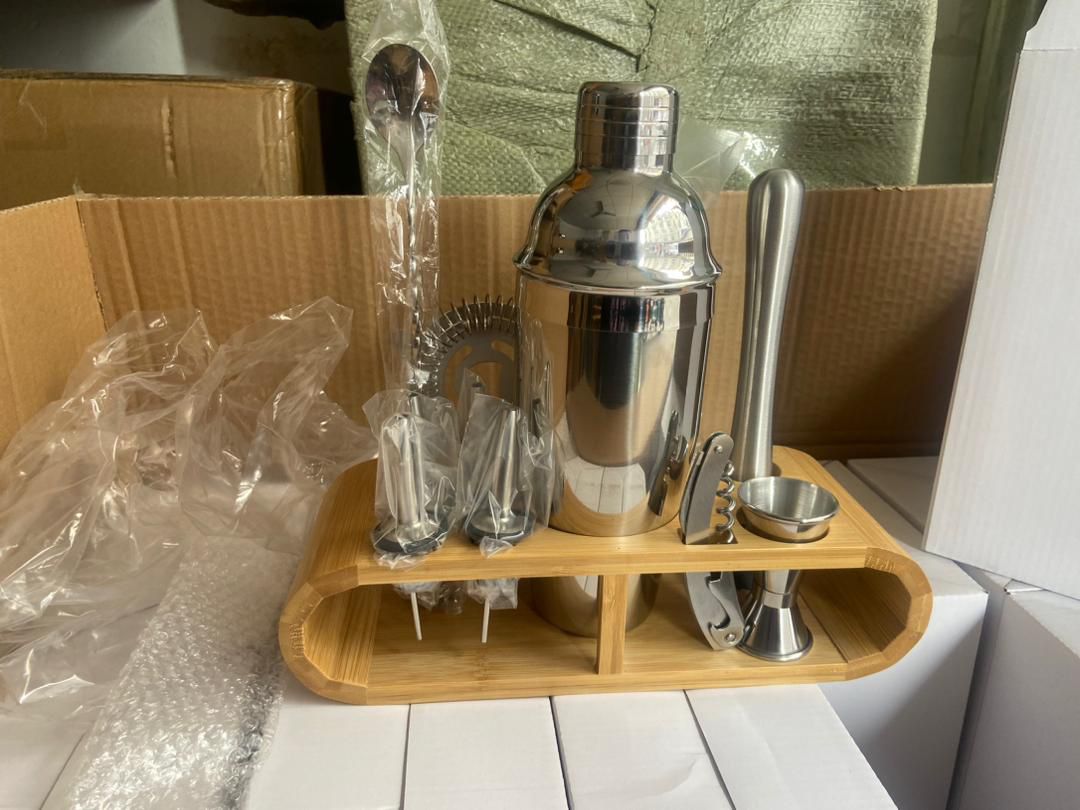 10-Piece Cocktail Shaker Set with Bamboo Frame | Stainless Steel Bartending Kit
