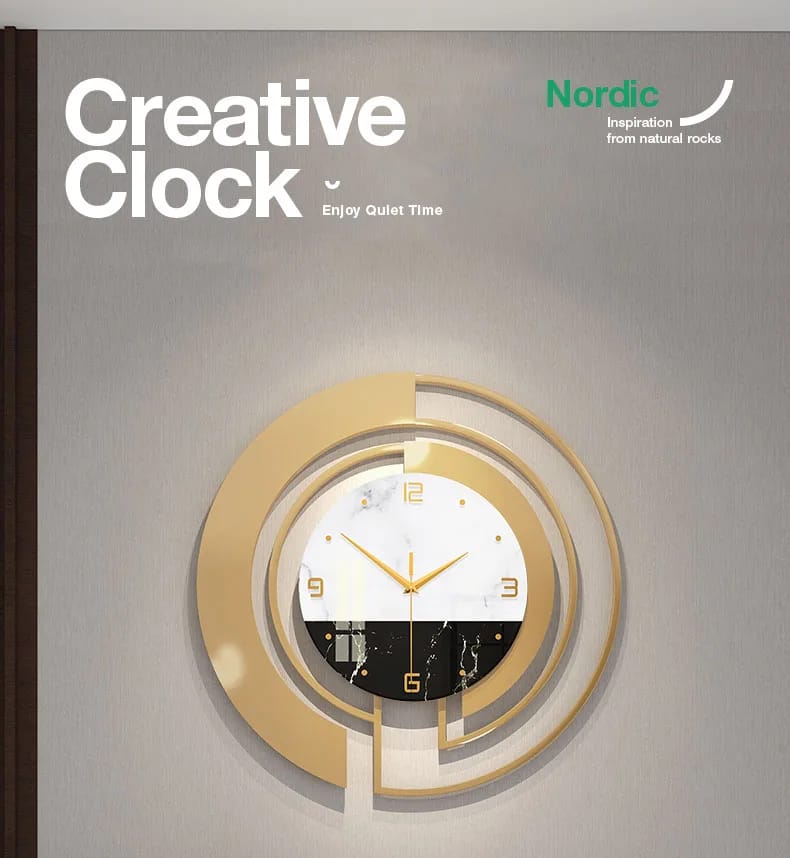 Nordic Creative Decorative Wall Clock – 45×45cm | Gold Marble Design