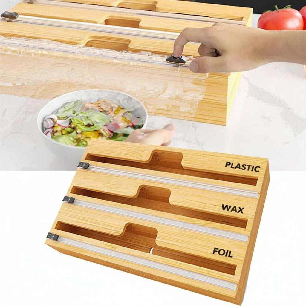 3-Layer Bamboo Wrap Dispenser – Foil, Plastic & Wax Paper Organizer
