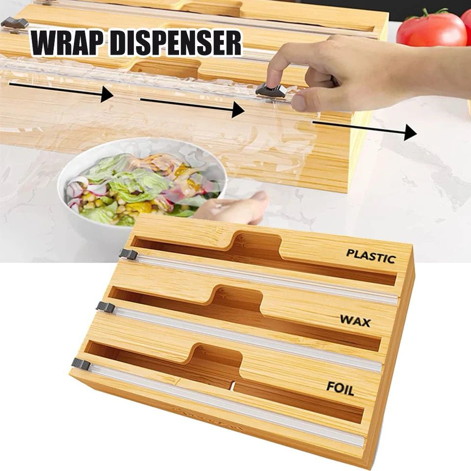 3-Layer Bamboo Wrap Dispenser – Foil, Plastic & Wax Paper Organizer