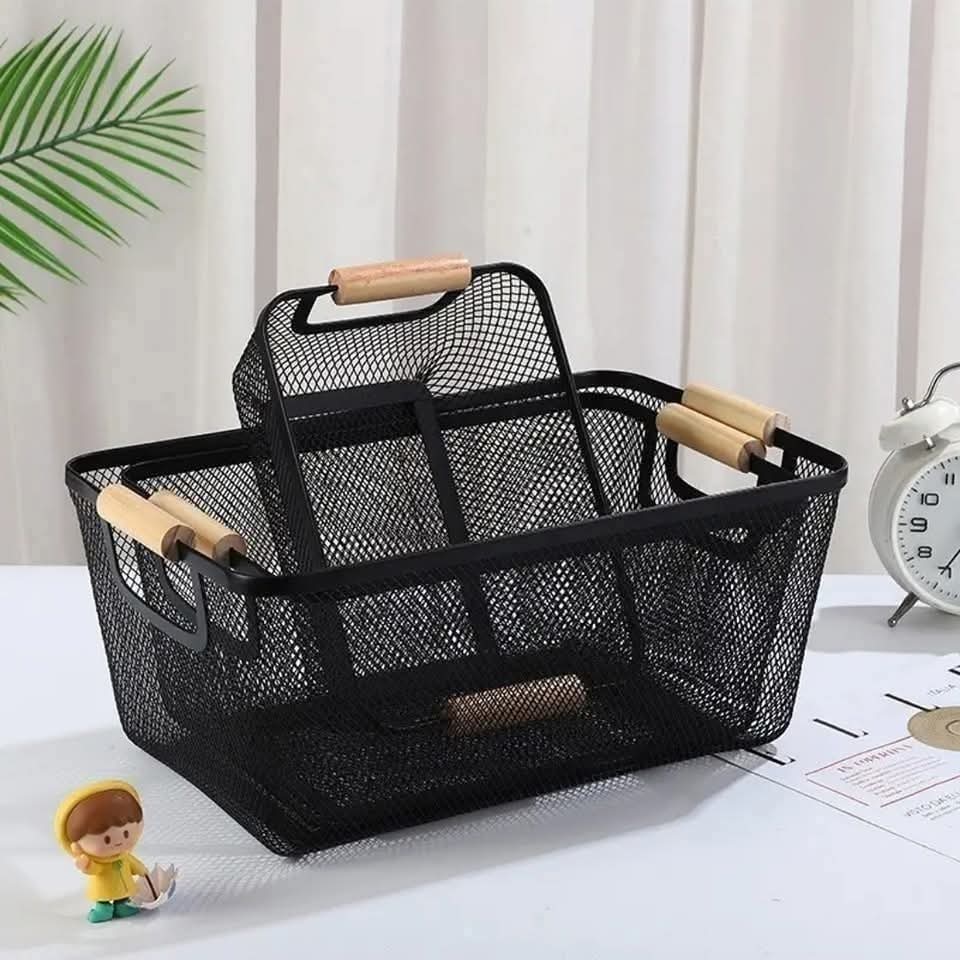 Mesh Plastic Storage Baskets with Bamboo Handles – 3pcs Set