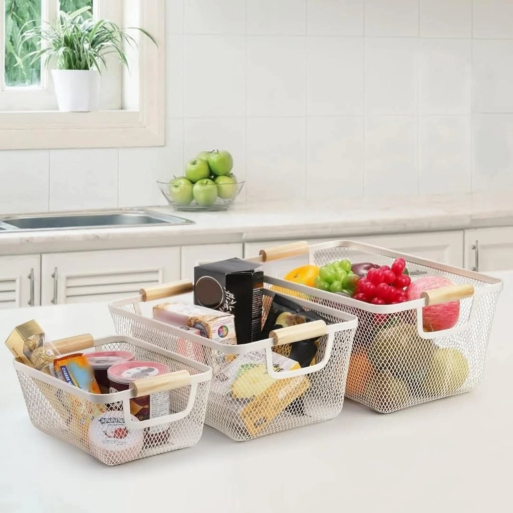 Mesh Plastic Storage Baskets with Bamboo Handles – 3pcs Set