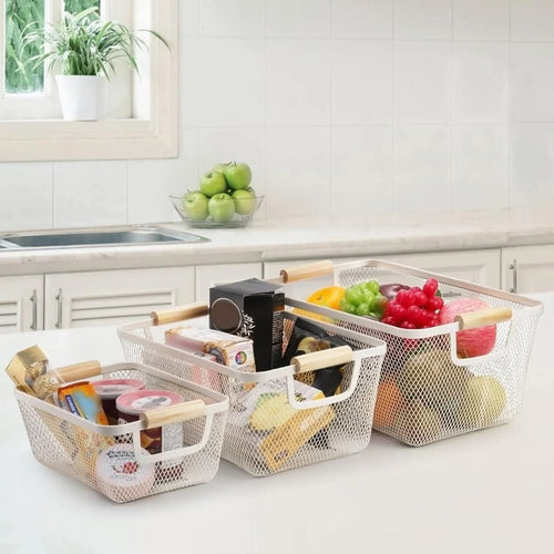 Mesh Plastic Storage Baskets with Bamboo Handles – 3pcs Set