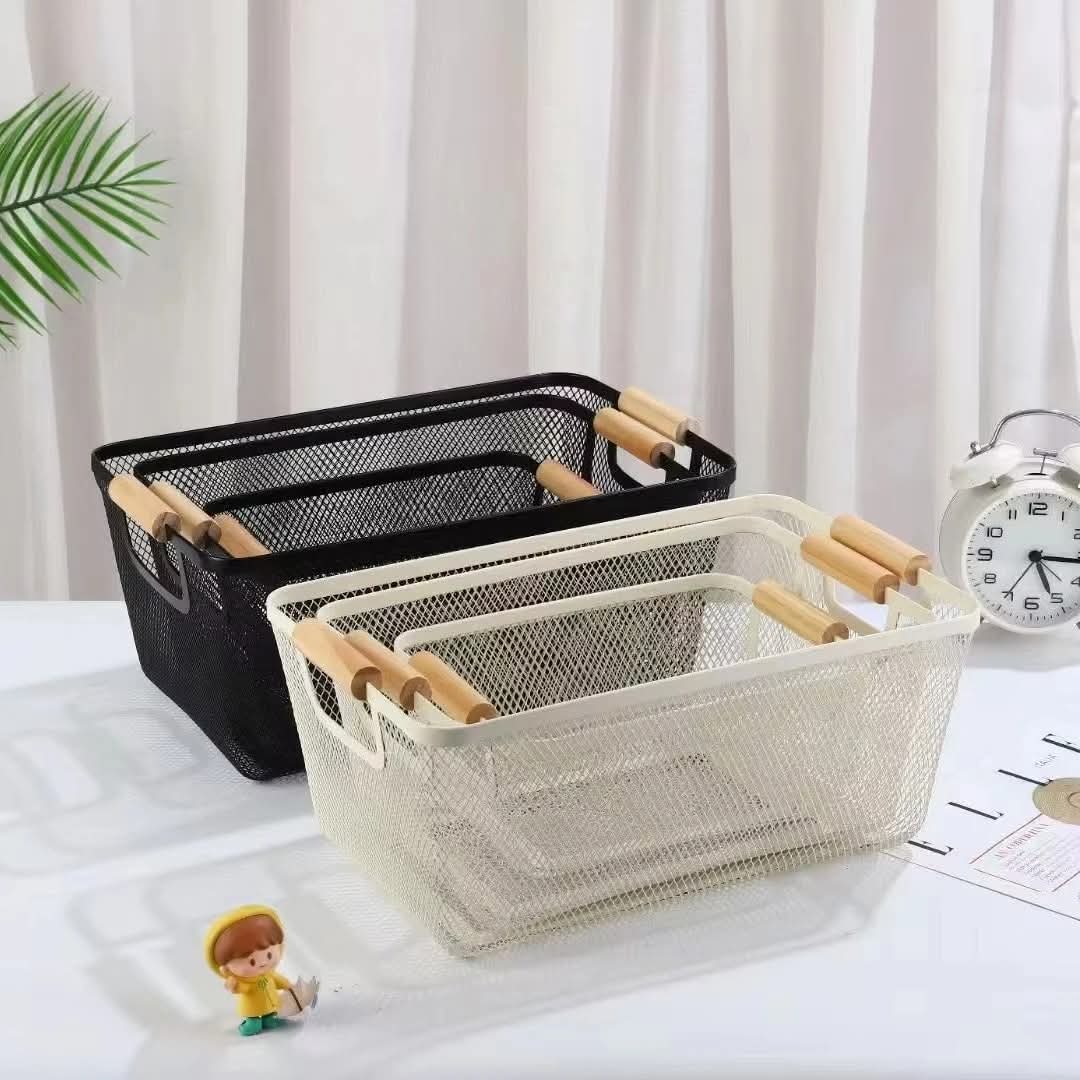 Mesh Plastic Storage Baskets with Bamboo Handles – 3pcs Set