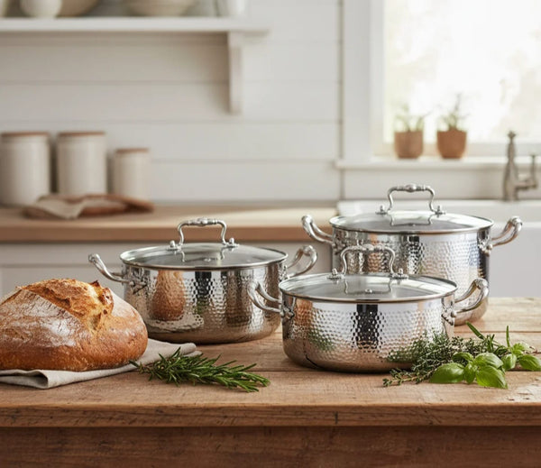 Tripply Stainless Steel Cookware Set 8PCS – Hammered Design