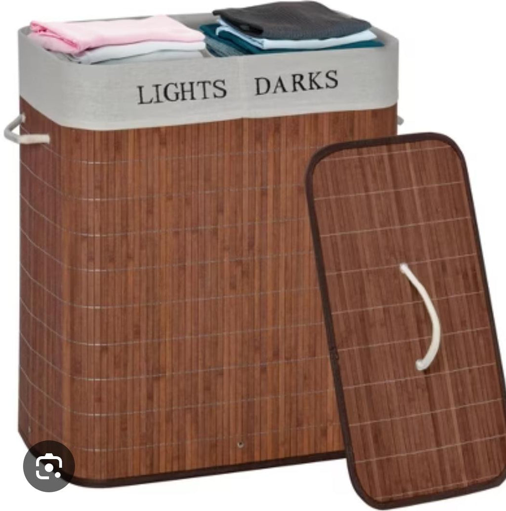 100L Bamboo Laundry Basket with Flip Lid – 2 Compartment Folding Clothes Hamper | 63x53x31cm