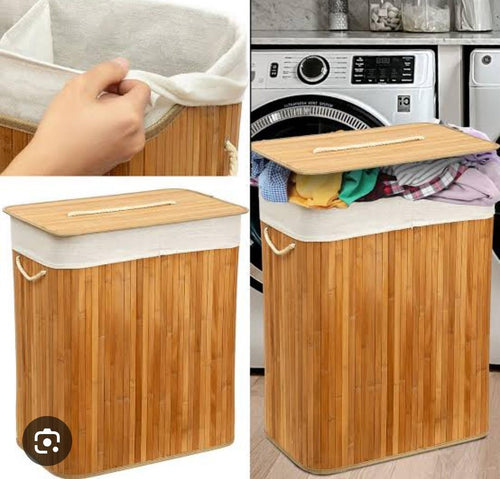 100L Bamboo Laundry Basket with Flip Lid – 2 Compartment Folding Clothes Hamper | 63x53x31cm