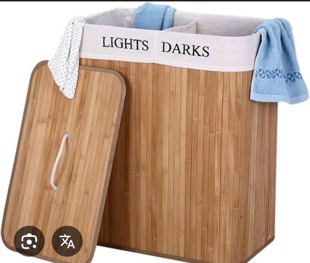 100L Bamboo Laundry Basket with Flip Lid – 2 Compartment Folding Clothes Hamper | 63x53x31cm