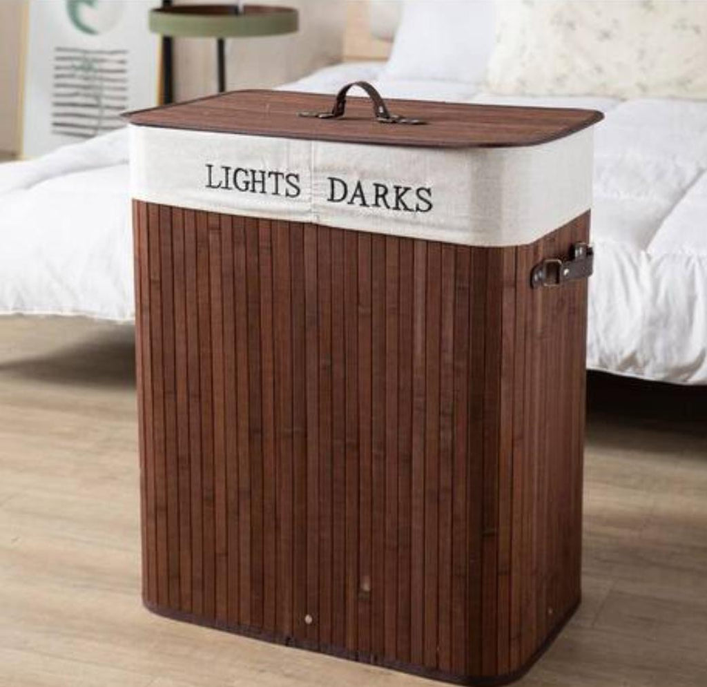 100L Bamboo Laundry Basket with Flip Lid – 2 Compartment Folding Clothes Hamper | 63x53x31cm