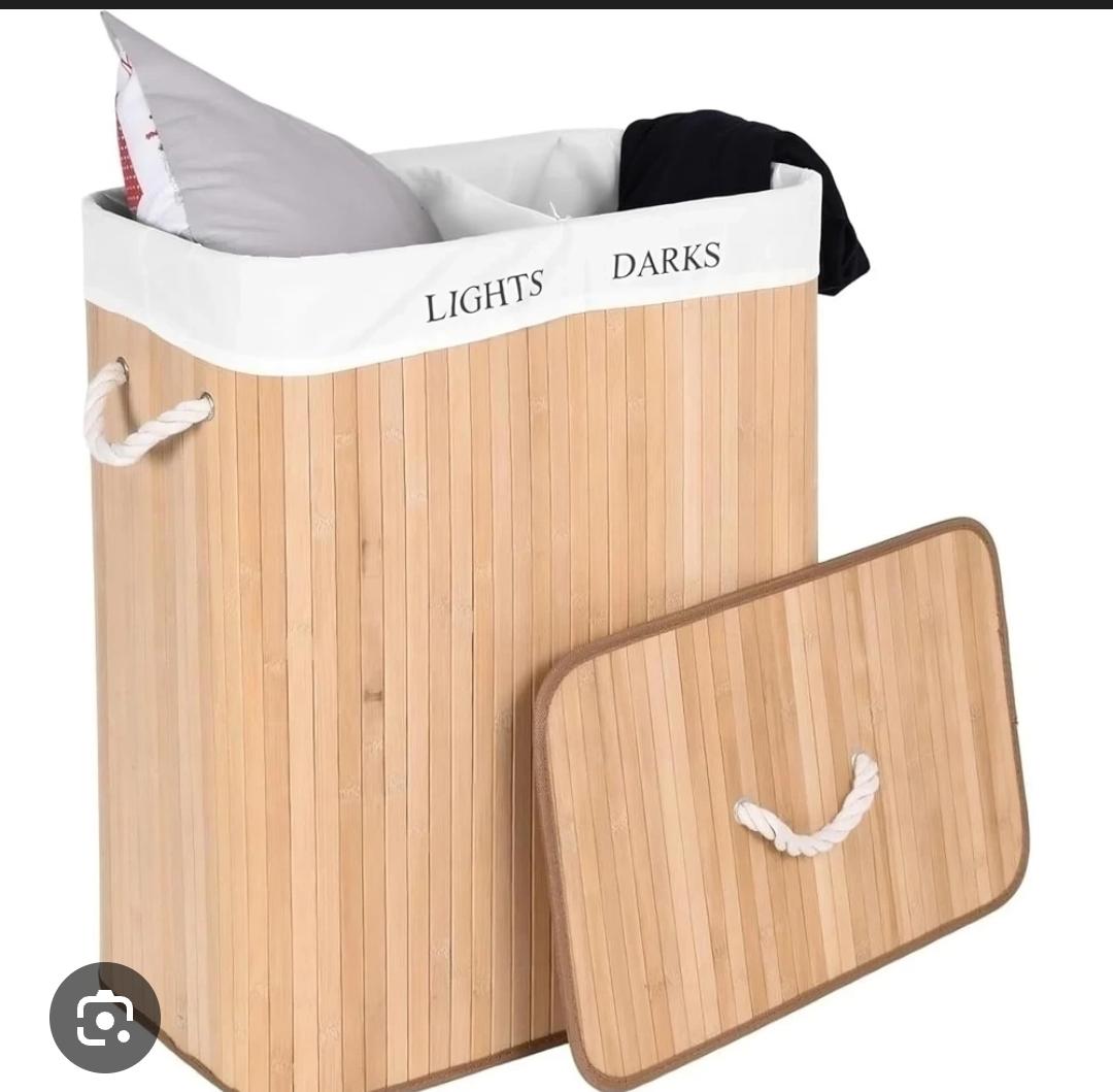 100L Bamboo Laundry Basket with Flip Lid – 2 Compartment Folding Clothes Hamper | 63x53x31cm
