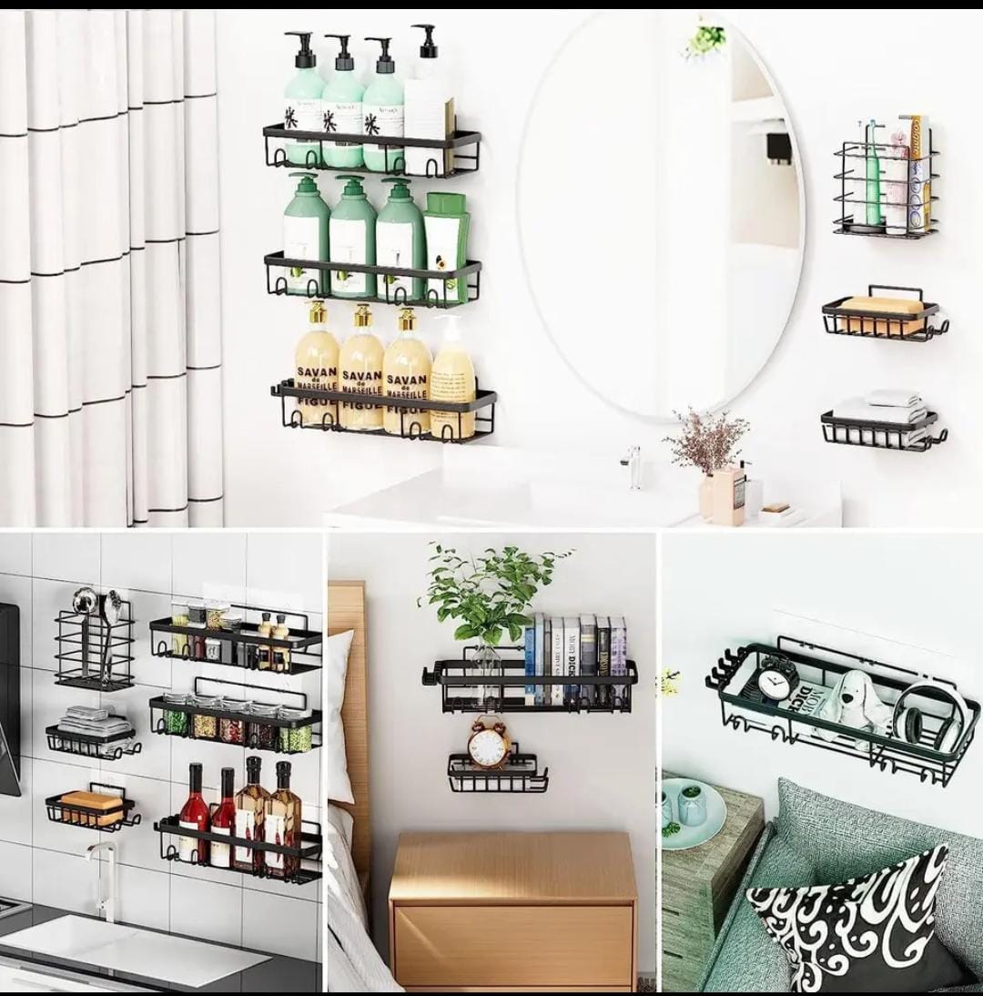 6-Piece No-Drill Adhesive Shower Caddy Set – Rustproof Matte Black Bathroom Organizer