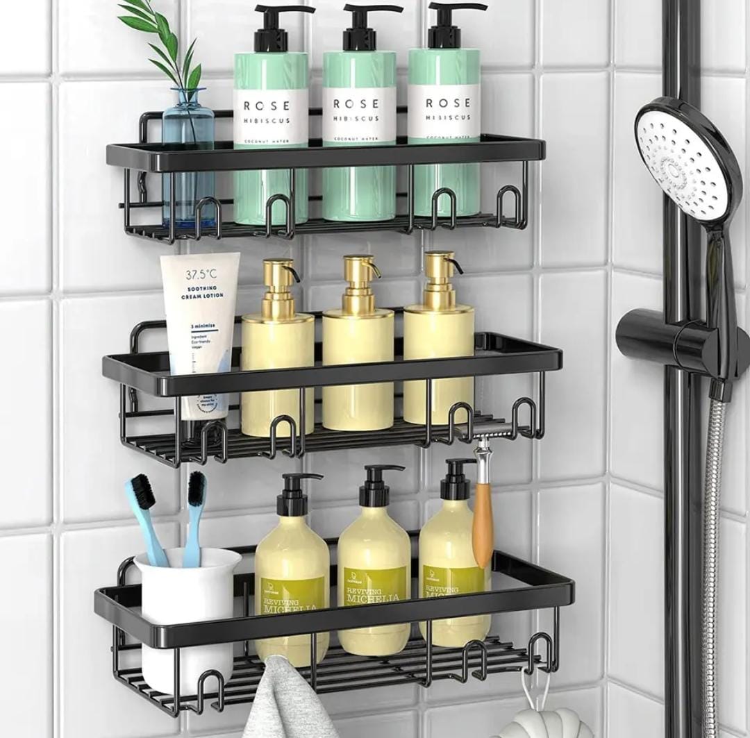 6-Piece No-Drill Adhesive Shower Caddy Set – Rustproof Matte Black Bathroom Organizer