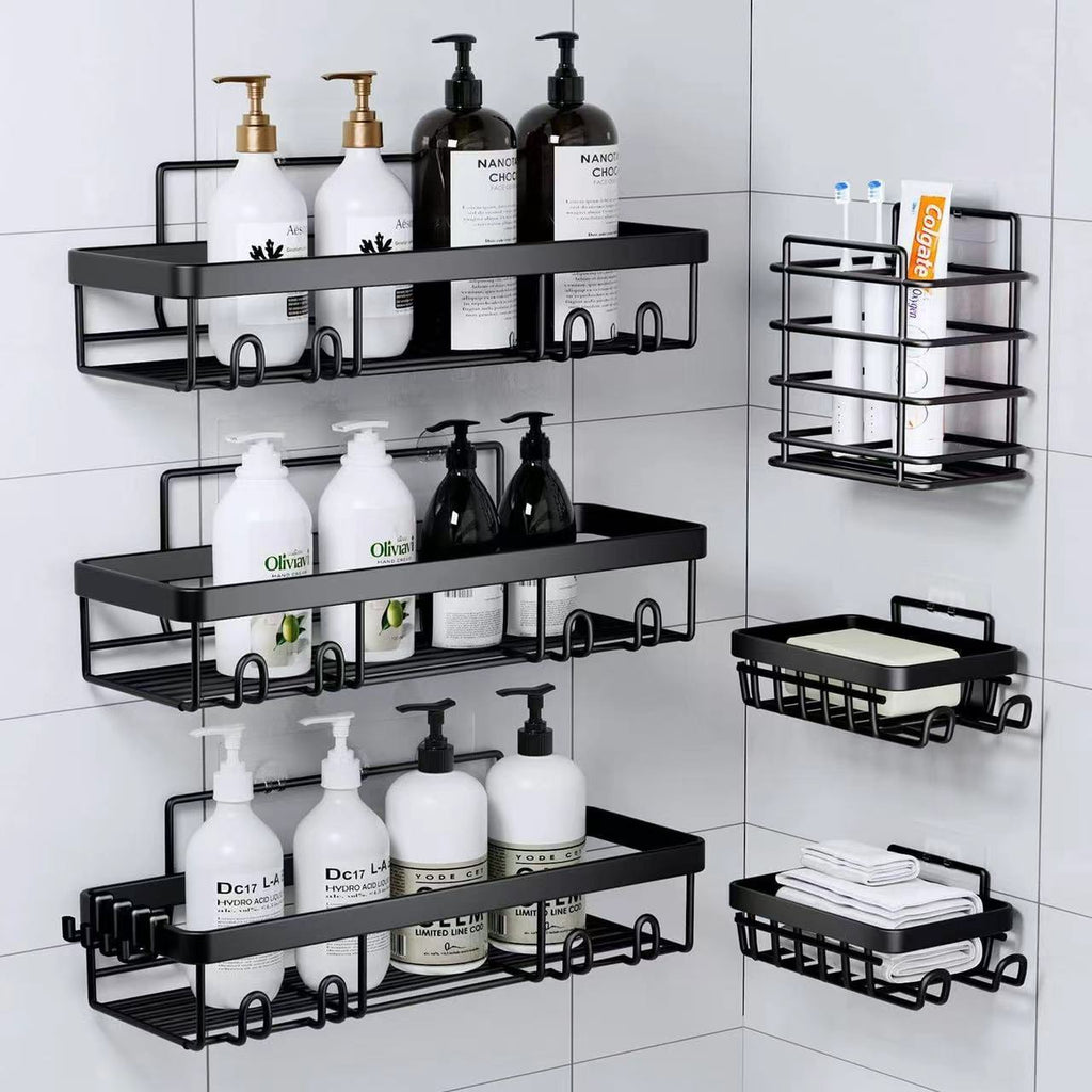 6-Piece No-Drill Adhesive Shower Caddy Set – Rustproof Matte Black Bathroom Organizer