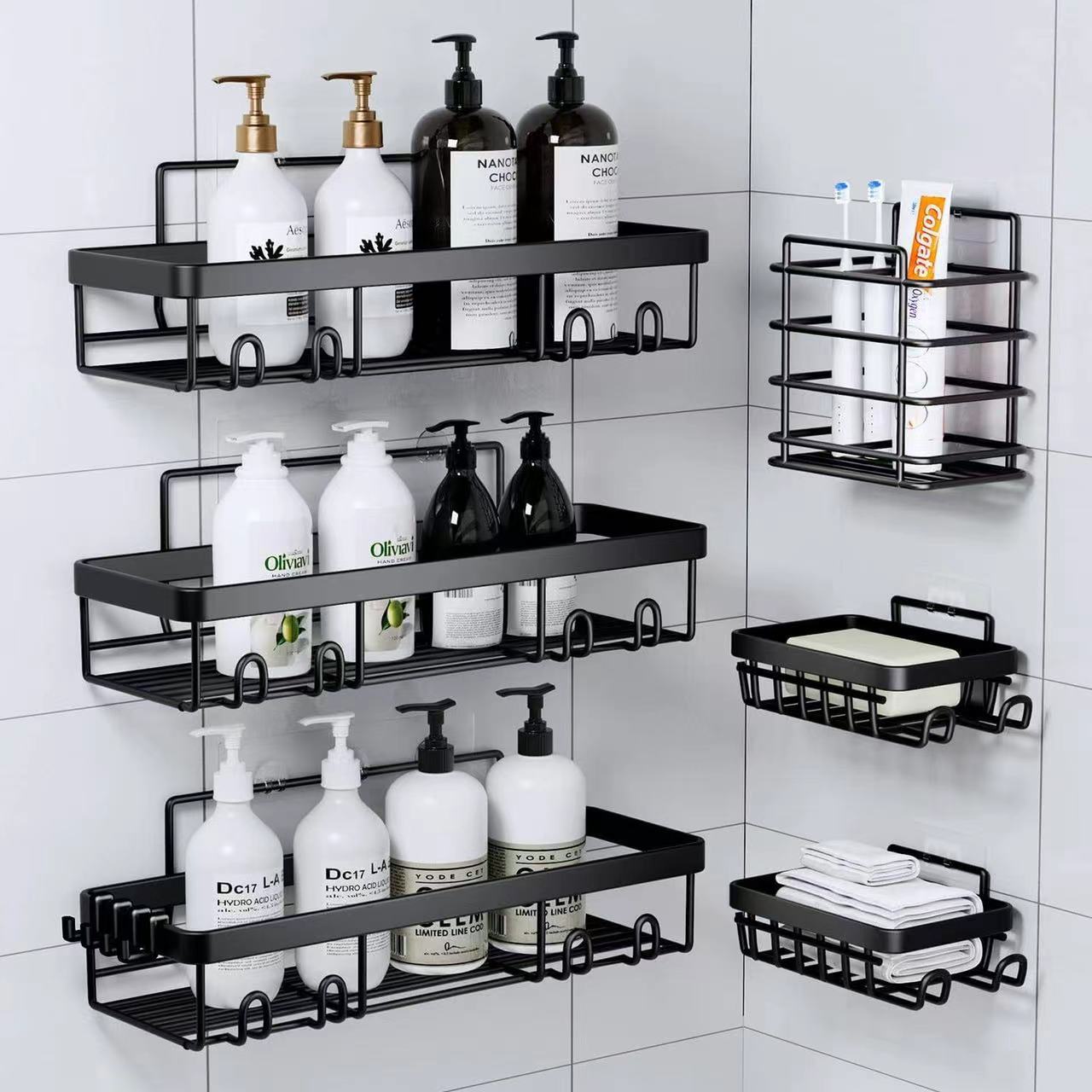 6-Piece No-Drill Adhesive Shower Caddy Set – Rustproof Matte Black Bathroom Organizer