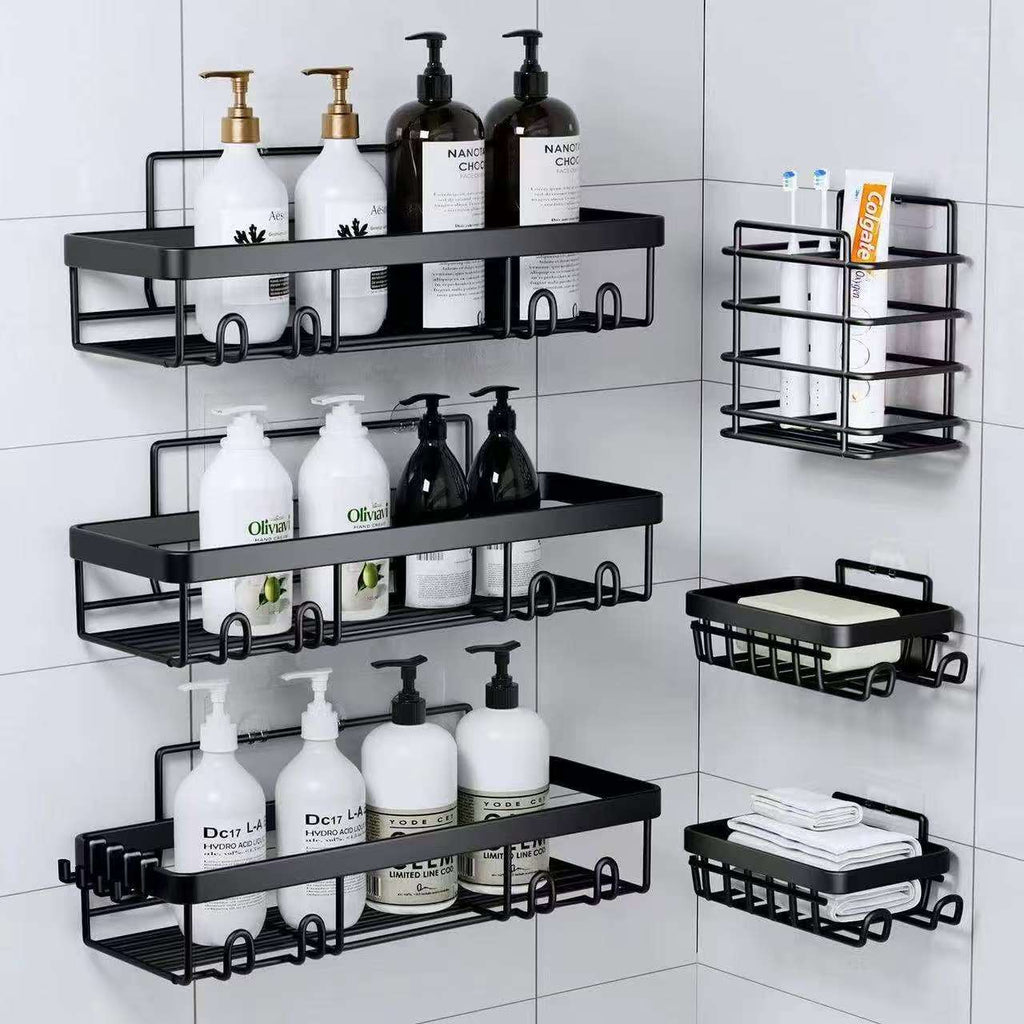6-Piece No-Drill Adhesive Shower Caddy Set – Rustproof Matte Black Bathroom Organizer