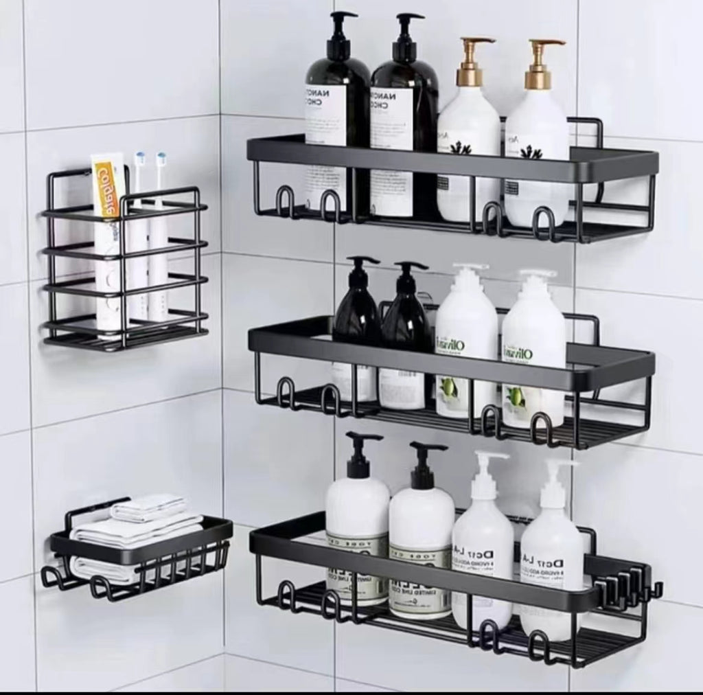 3-Piece No-Drill Adhesive Shower Caddy Set with Soap Holder – Rustproof Matte Black