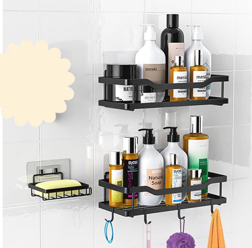 3-Piece No-Drill Adhesive Shower Caddy Set with Soap Holder – Rustproof Matte Black