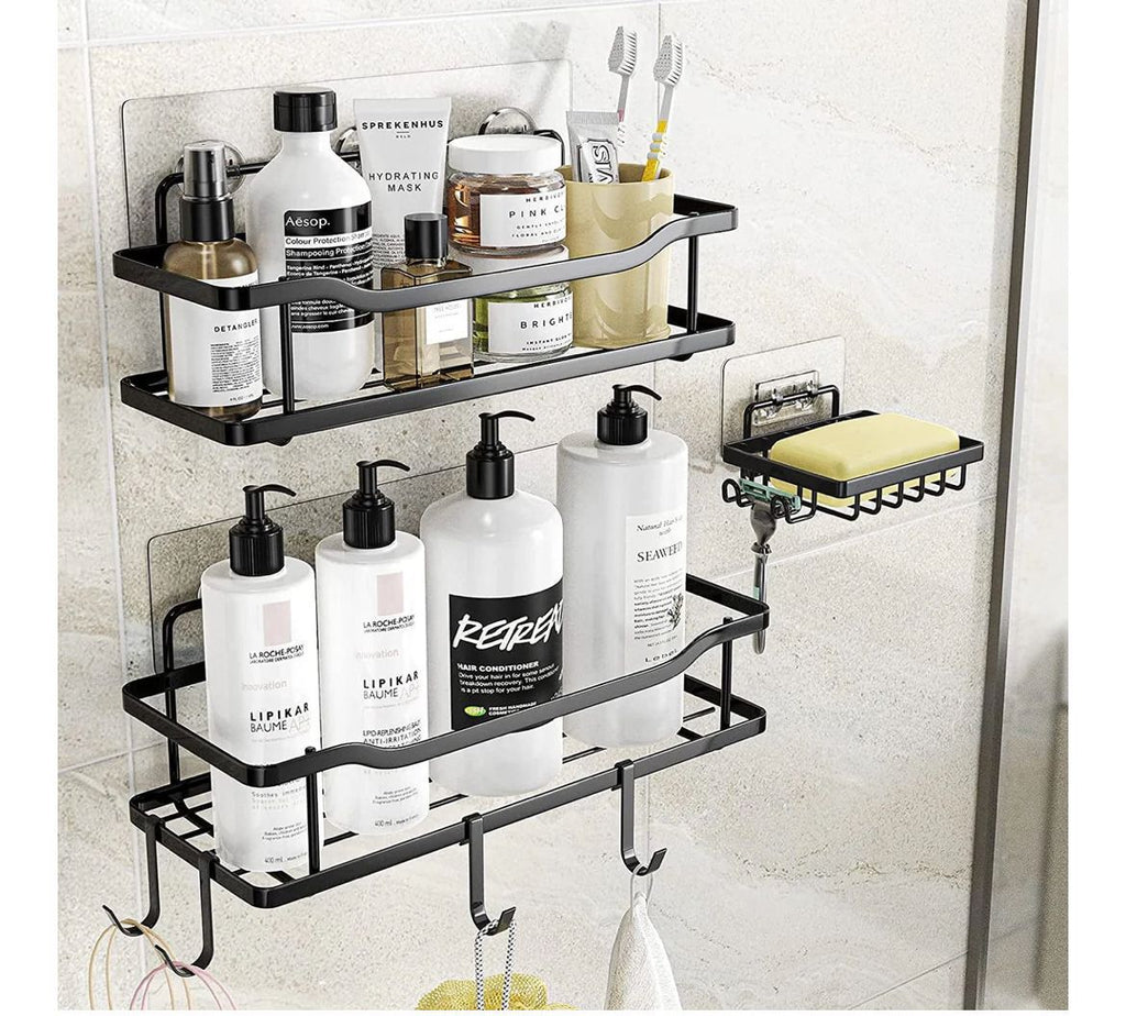 3-Piece No-Drill Adhesive Shower Caddy Set with Soap Holder – Rustproof Matte Black