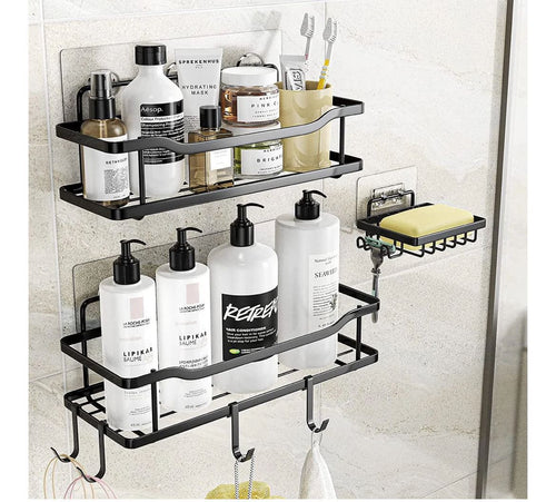 3-Piece No-Drill Adhesive Shower Caddy Set with Soap Holder – Rustproof Matte Black