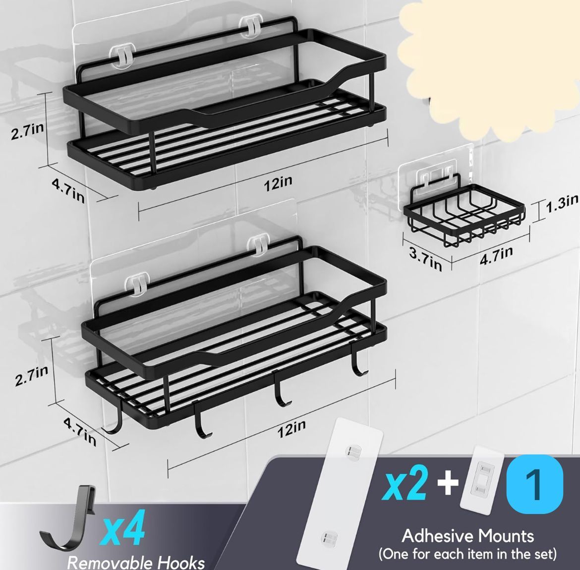 3-Piece No-Drill Adhesive Shower Caddy Set with Soap Holder – Rustproof Matte Black