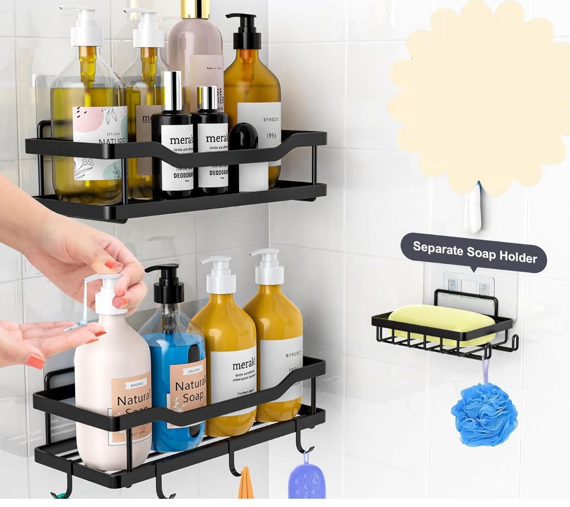 3-Piece No-Drill Adhesive Shower Caddy Set with Soap Holder – Rustproof Matte Black
