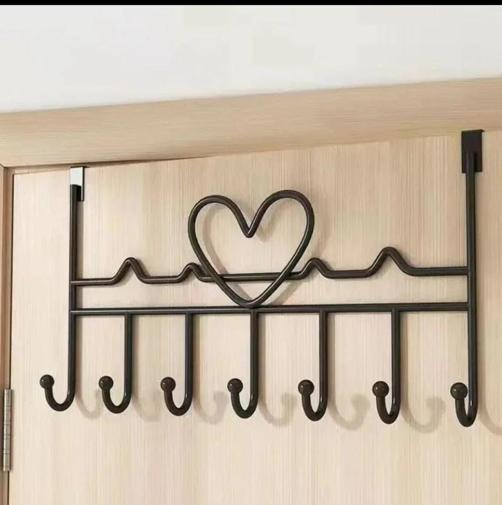 Heavy Duty Over-the-Door 8-Hook Rack with Heart Design – Black