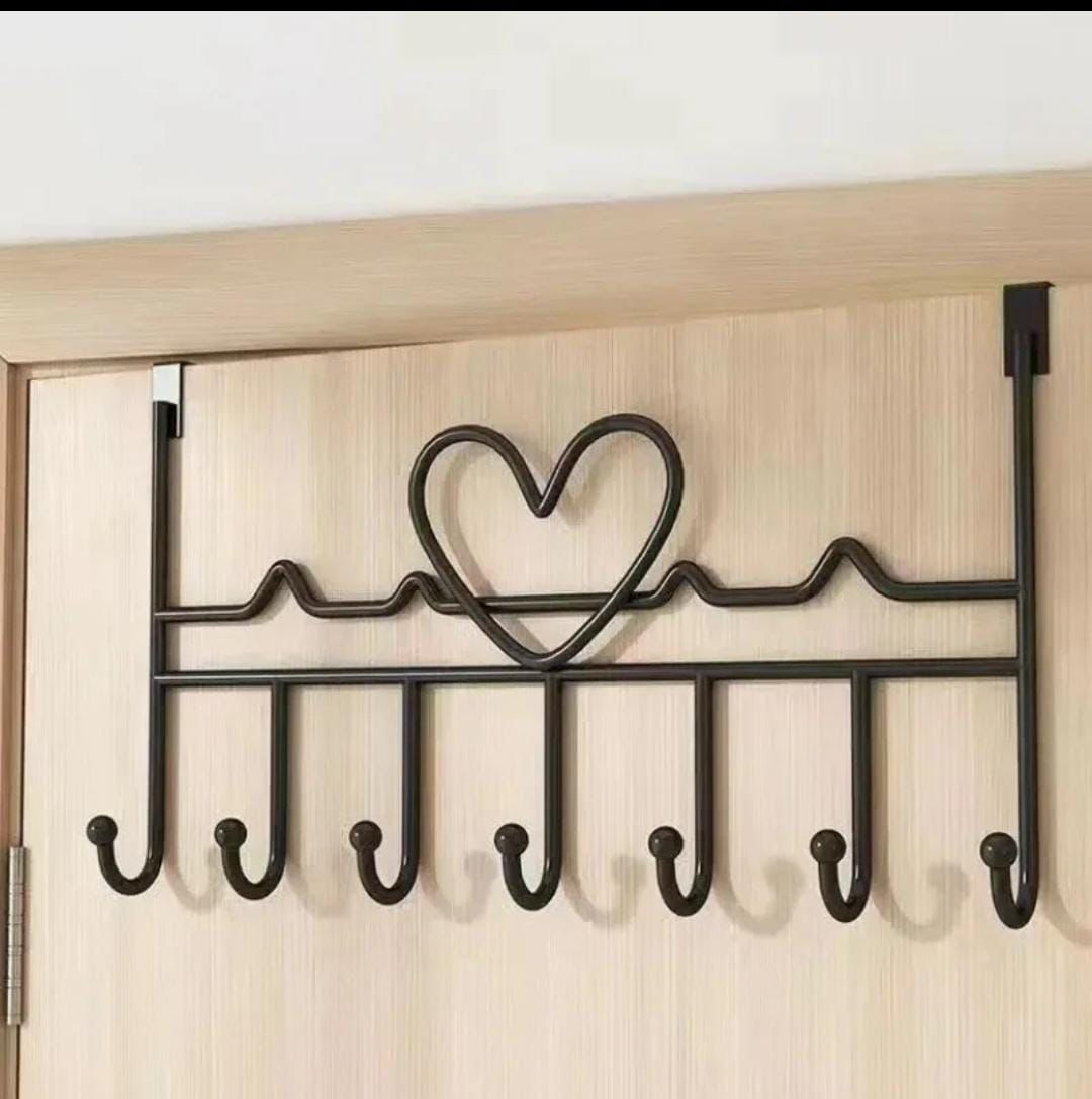 Heavy Duty Over-the-Door 8-Hook Rack with Heart Design – Black