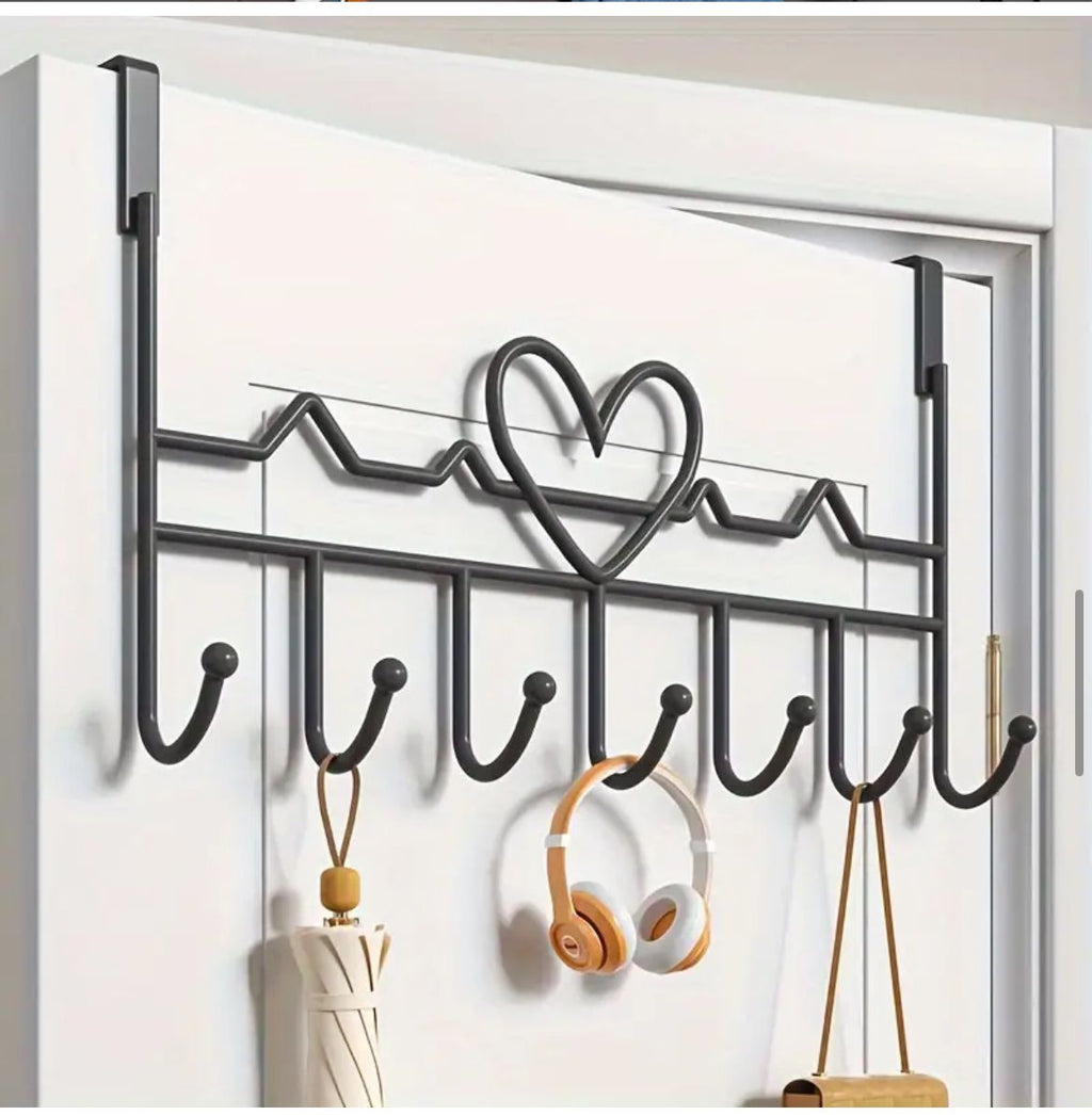 Heavy Duty Over-the-Door 8-Hook Rack with Heart Design – Black