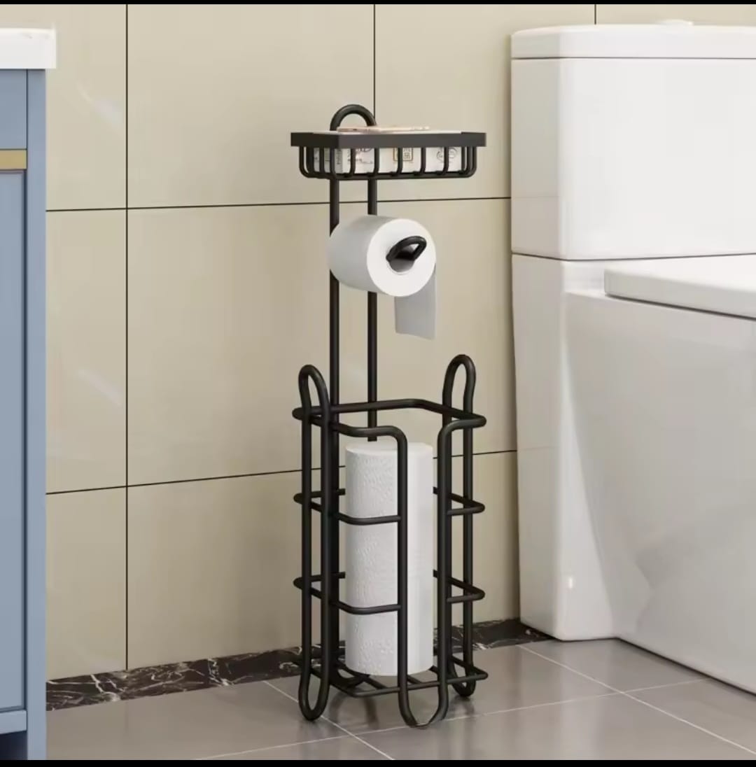 Heavy Duty Freestanding Toilet Paper Holder with Phone & Wipes Shelf – Black