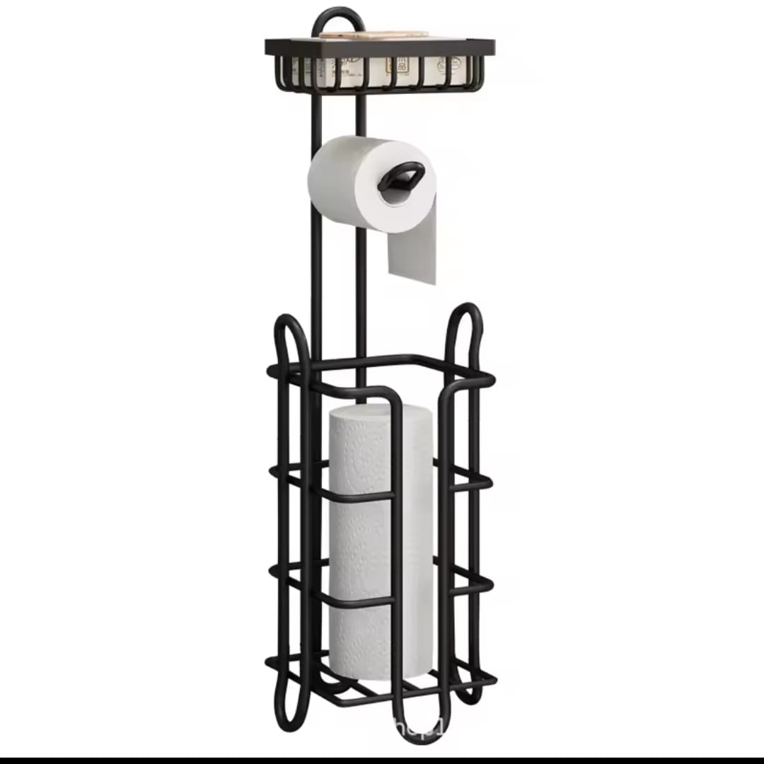 Heavy Duty Freestanding Toilet Paper Holder with Phone & Wipes Shelf – Black