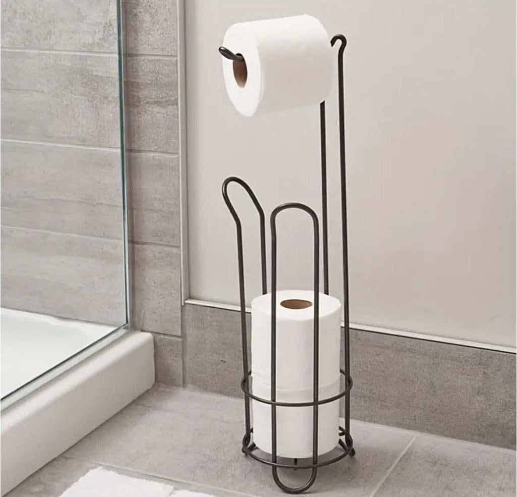 Freestanding Toilet Paper Holder Stand with Spare Roll Storage – Black & Bronze