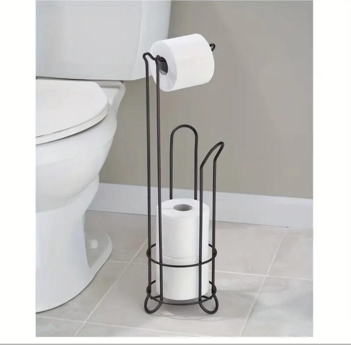 Freestanding Toilet Paper Holder Stand with Spare Roll Storage – Black & Bronze