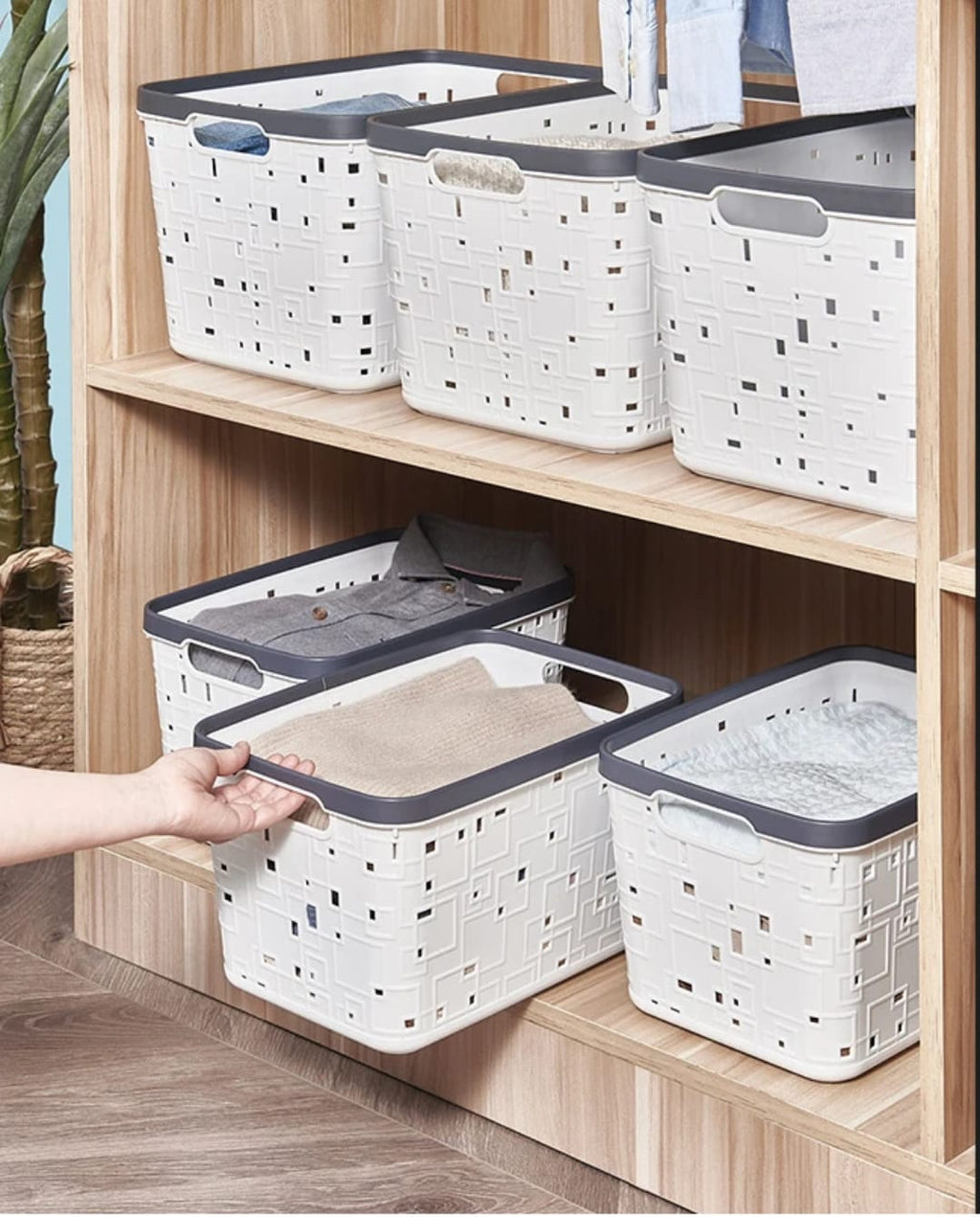 Large Woven-Texture Storage Basket with Handles – 34×25×21cm