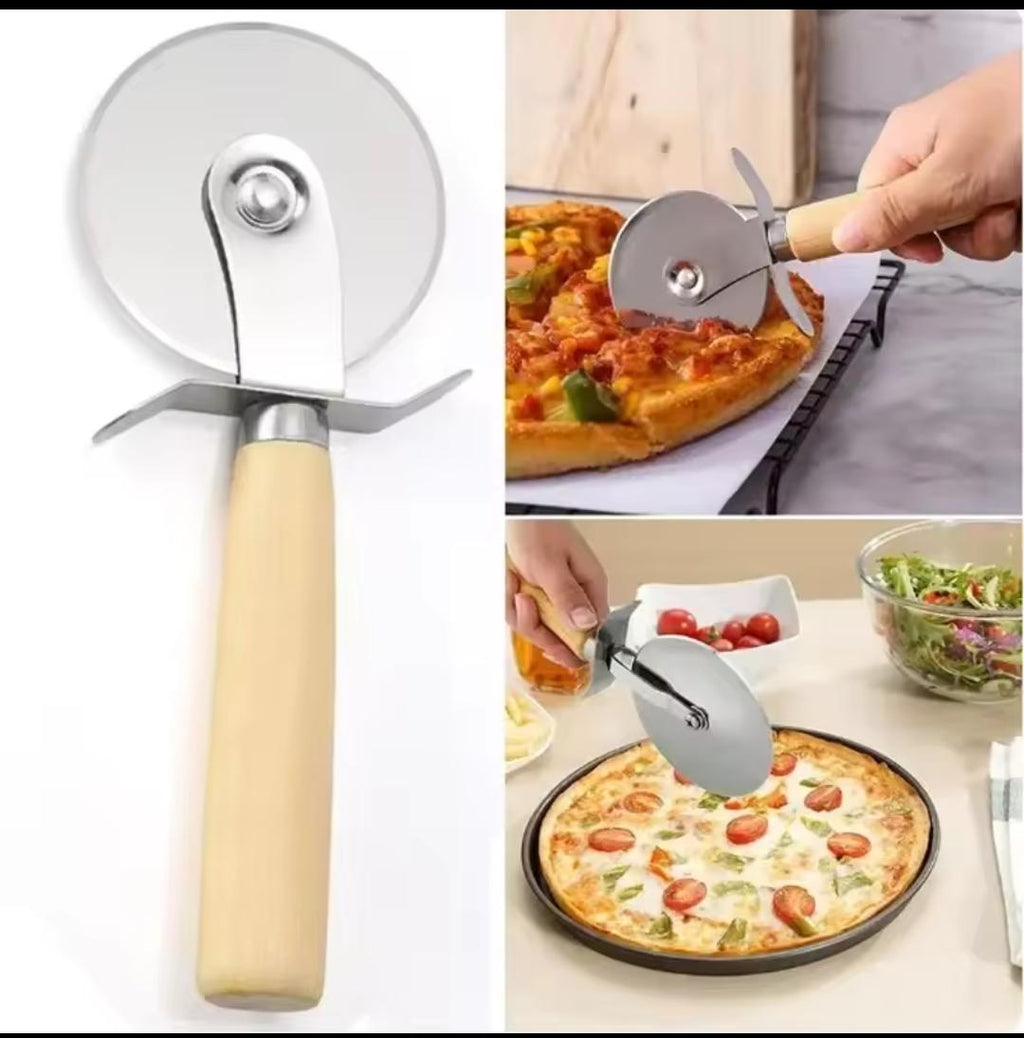 Stainless Steel Pizza & Dough Cutter with Bamboo Handle