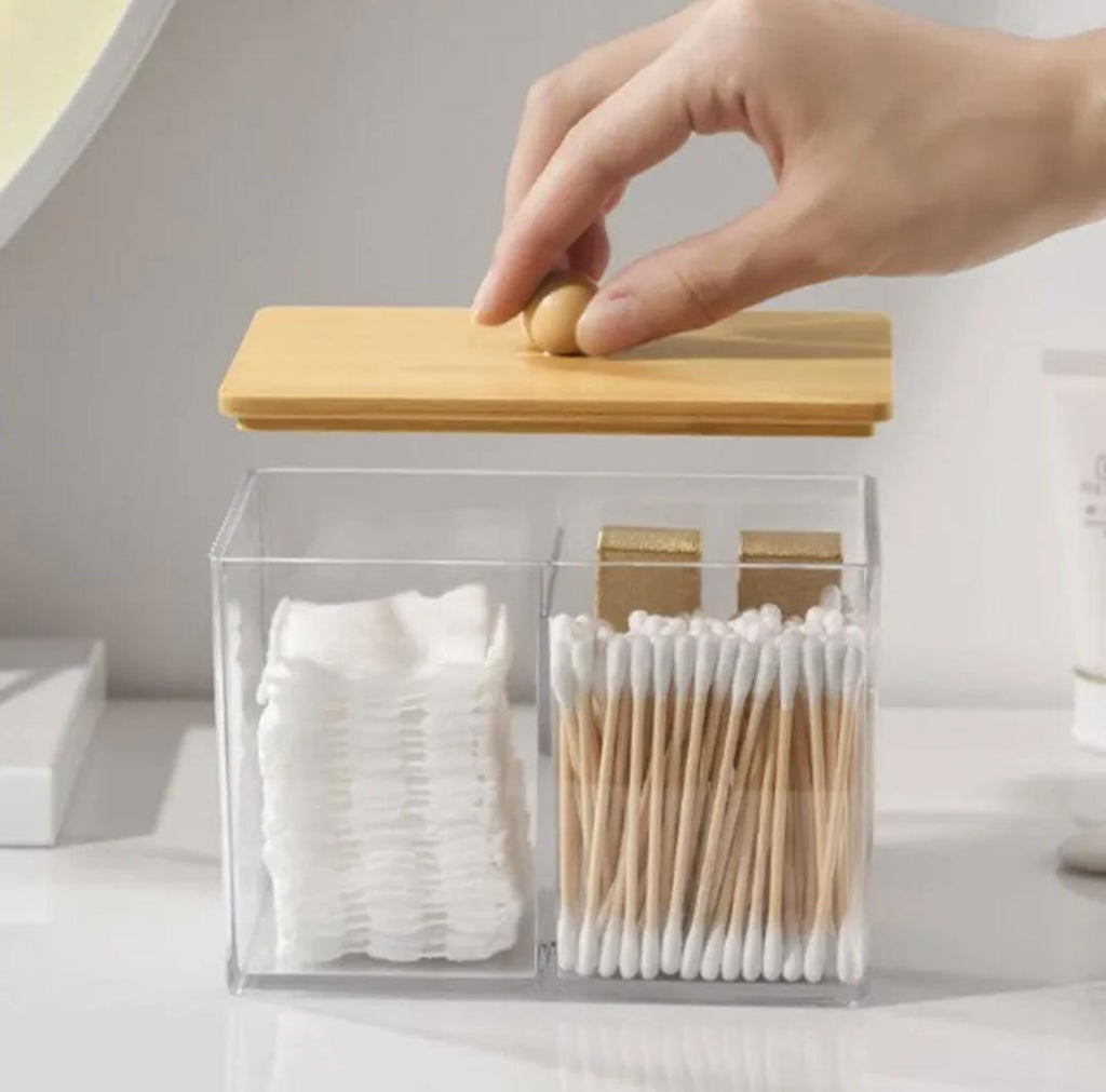 Partitioned Acrylic Swab & Earbud Organizer with Bamboo Lid