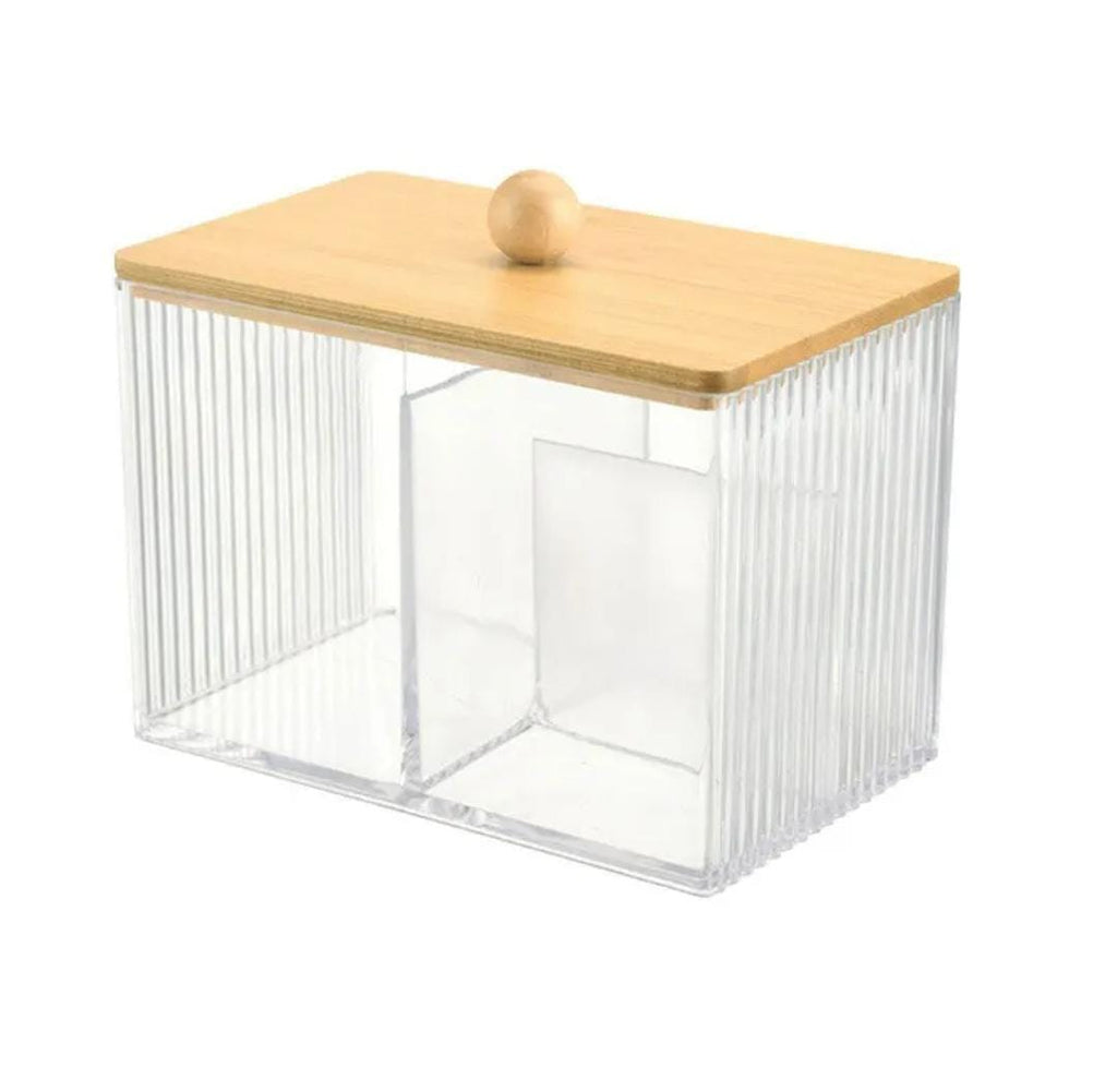 Partitioned Acrylic Swab & Earbud Organizer with Bamboo Lid